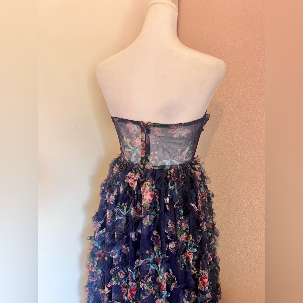 Lulus Stunning Element Navy Floral Mesh Ruffled Strapless Maxi Dress - Picture 9 of 13